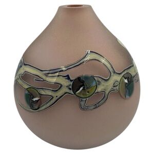 Unsigned Satin Mauve Art Glass Ball Vase w Applied Iridescent Ribbon Orbs 8